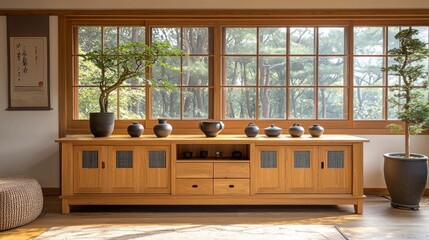 Traditional wooden interior, pottery, bonsai, sunlit forest view
