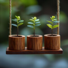 Three tiny green plants in wooden pots on a swinging shelf