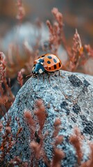 Tiny orange beetle with black spots rests on textured grey stone
