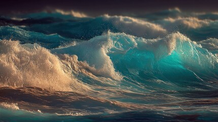 Turbulent ocean waves cresting, vivid teal and white, dramatic sea