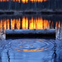 Tree log in calm water, sunset reflection, circular ripples