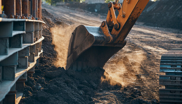Autonomous excavator digging dusty Martian soil during early colony construction, illustrating industrial progress on the red planet. - Powered by Adobe