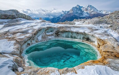 Turquoise glacial pool ringed by snow and ice, with vast mountains