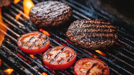 Two juicy burgers and sliced tomatoes sizzle on a hot grill