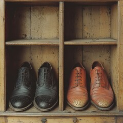 Two pairs of vintage men's dress shoes, black and brown, on wooden shelf