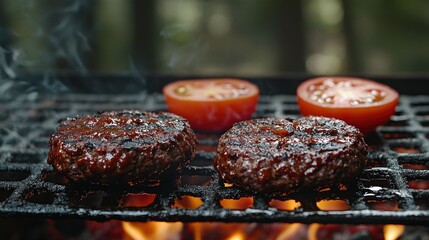 Two sizzling grilled beef patties and sliced tomatoes over flames, smoke rising