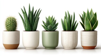 Various green potted succulents and cactus in a row on white