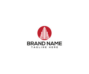 Urban Symbol: A minimalistic logo design showcasing a modern skyscraper silhouette within a vibrant red circle, complemented by a sleek brand name and tagline.
