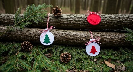 Handmade Christmas Ornaments and Pine Cones on Natural Wood and Greenery Background.