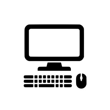 Digital Workspace Icon: A minimalist icon of a desktop computer setup with monitor, keyboard and mouse. Capturing simplicity, modern tech, and digital era.