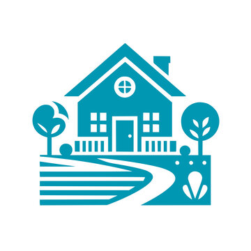 Cozy Home Icon: A stylized teal illustration of a charming house surrounded by trees, symbolizing comfort, security, and the essence of home.
