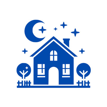 Dream Home Under the Moonlight: This image captures a serene home, nestled beneath the night sky. The stylized illustration shows a charming house with moon and stars.