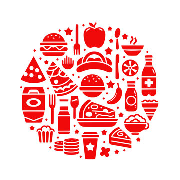 Culinary Collection in Circle: A vibrant collection of food icons, artfully arranged in a circle, symbolizing the diverse world of culinary delights.
