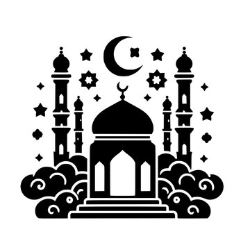 Islamic Mosque Silhouette: A stylized black and white illustration of an Islamic mosque with minarets, a dome, crescent moon, and stars, set against a backdrop of clouds.