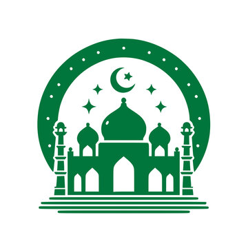 Islamic Mosque Emblem: An eye-catching illustration of a mosque, the symbolic architecture, set against a backdrop of the serene night sky, including a crescent moon and stars. 
