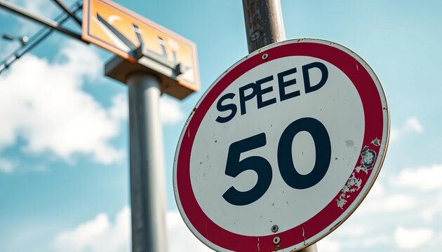 Close-up view of a weathered speed limit sign on a metal post,  regulation,  metal