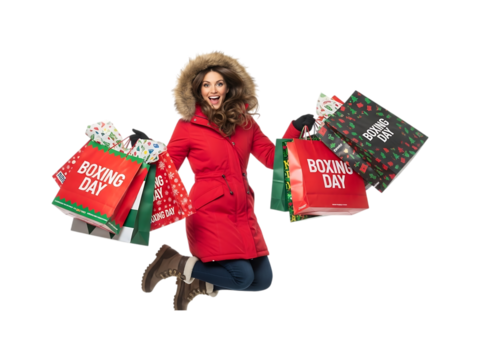 Excited Woman Jumps with Shopping Bags on Black Background after Boxing Day Sales, Winter Fashion, Festive Season Shopping Spree, Holiday Deals, and Retail Therapy