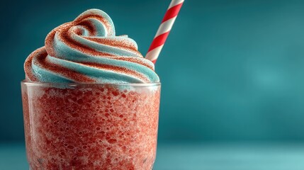 Vibrant red slushy drink, blue whipped cream, red-striped straw
