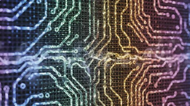 An intricate display of glowing circuits captures the beauty of technology. The colorful patterns weave together, showcasing the art within electronics and their connections.