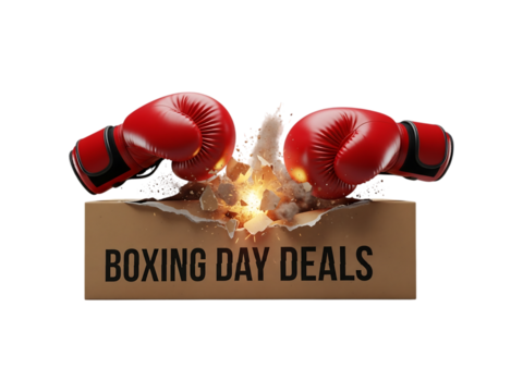 Boxing Day Deals Promotion Concept: Red Boxing Gloves Punching Through a Cardboard Box With the Text "Boxing Day Deals", Commercial Concept For Promotion And Sales