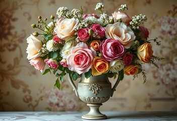 Elegant antique vase overflowing with faded roses, hydrangeas, and dusty miller, beauty, vintage charm