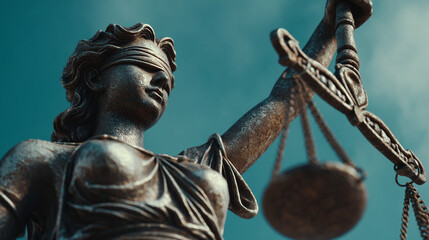 Low angle view of lady justice statue against a teal sky holding scales up high