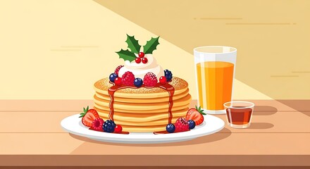 Delicious Stack of Pancakes with Berries, Whipped Cream, and Syrup on a Wooden Table with Orange Juice.