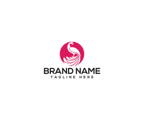 Elegant Peacock Icon: A sophisticated logo features a stylized peacock silhouette in a pink circle, with the BRAND NAME and TAGLINE HERE text, perfect for branding.