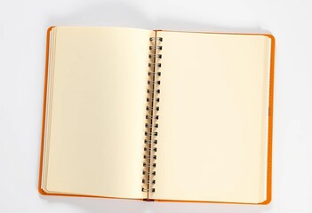 Spiral notebook open to a blank page, showing cream-colored paper and metal binding, creative, clean
