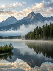 Reflection of mountains in a quiet lake in the early morning