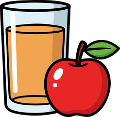 Glass of apple juice with whole red apple fruit, flat vector illustration.