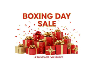 Boxing Day Extravaganza: Up to 50% Off Sale! Red and Gold Presents with Confetti on Black Backdrop - Festive Holiday Promotion for Retail, E-commerce, and Seasonal Marketing