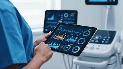 Medical professional analyzing patient data and charts on a digital tablet, showcasing advanced healthcare technology. - Powered by Adobe