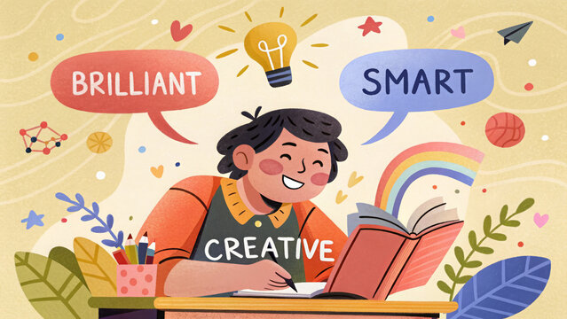Happy child studying, surrounded by creative elements, lightbulb, and words "Brilliant," "Smart," "Creative." Perfect for sites/blogs on education, child psychology, learning, creativity