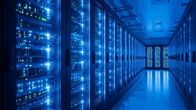 Data Center Server Racks in a Blue Lit Corridor for Information Storage.