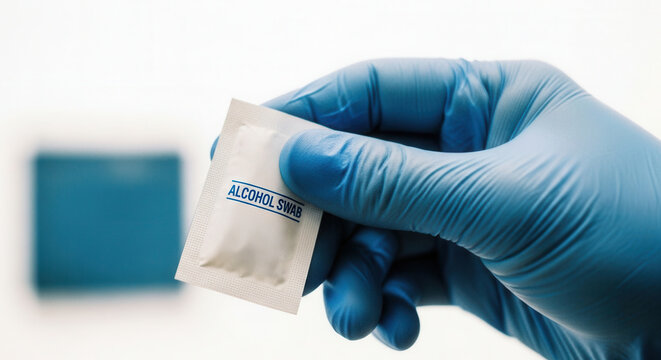 Wearing latex gloves and holding an alcohol swab