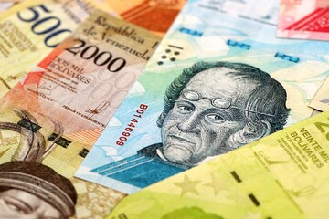 Venezuelan Bolivar currency money bills in stack. VED currency banknotes with different denomination close up