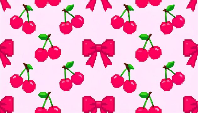 Repeating pattern of pixelated cherries and ribbon bows on a soft pink background, creating a cute and playful wallpaper