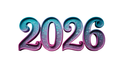 Glittering 2026 numbers in pink and blue isolated on transparent background