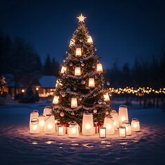 Magical Christmas Tree Illuminated by Lanterns in a Snowy Winter Night.