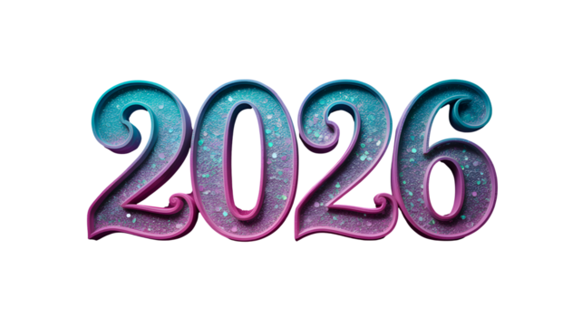 Glittering 2026 numbers in pink and blue isolated on transparent background