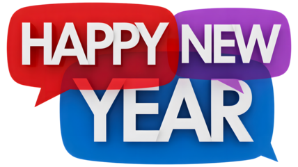 Happy new year text in speech bubbles isolated on transparent background