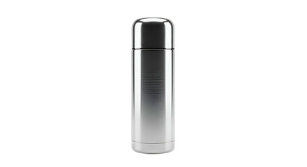 Polished metal thermal flask stands isolated against a deep black background