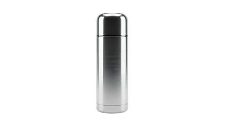 Polished metal thermal flask stands isolated against a deep black background