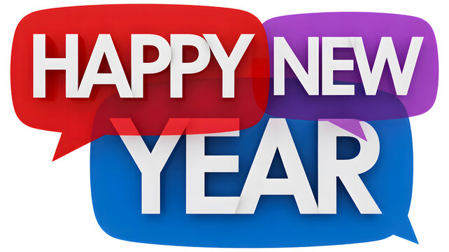 Happy new year text in speech bubbles isolated on transparent background