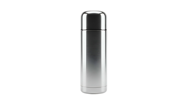 Polished metal thermal flask stands isolated against a deep black background