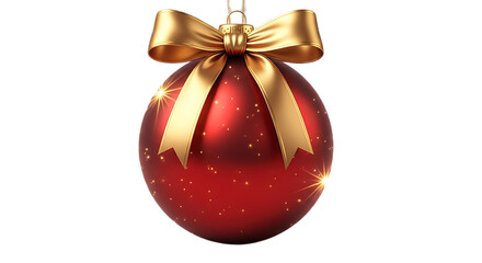 Close up of a red christmas ornament with a gold bow and glitter on a black background