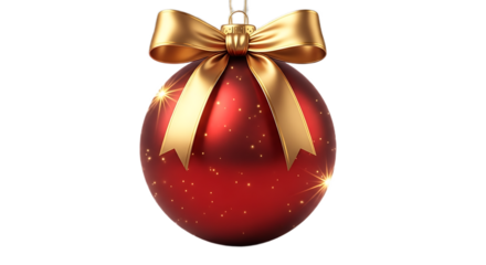 Close up of a red christmas ornament with a gold bow and glitter on a black background