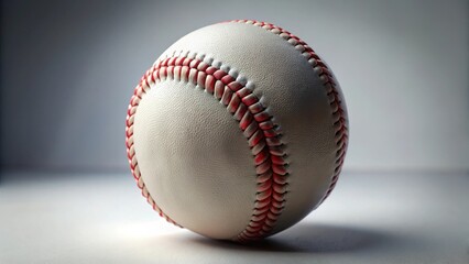 Close-up view of a pristine baseball resting on a smooth surface, showcasing its textured leather and intricate red stitching