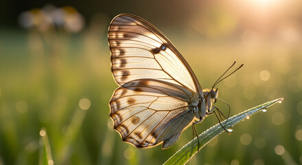 Butterfly on a Dew- Covered Blade of Grass in Golden Sunlight